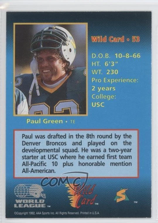 Wild Card Liga Mundial 1992 5 rayas Paul Green #53 Foto 2 de 2