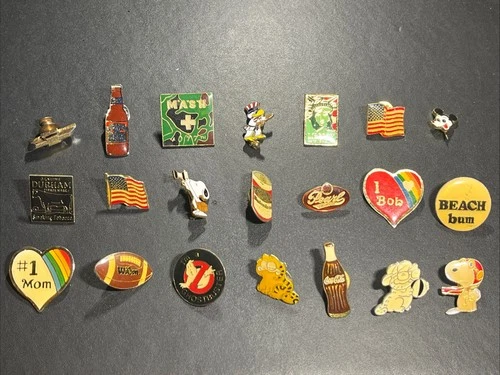 Vintage Mixed Lot 21 Lapel Pins 1980’s Budweiser Wilson Ghostbusters Snoopy Coke