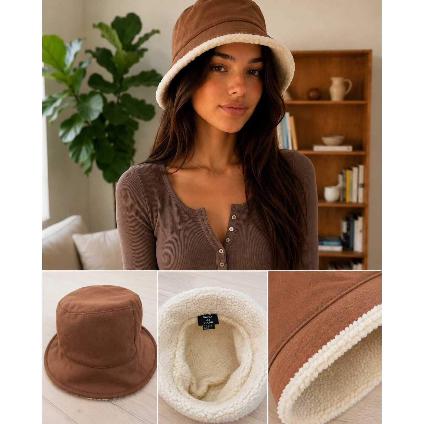 Y2K Womens Sherpa Lined Bucket Hat OS Brown Faux Suede 2000s Cozy David Young