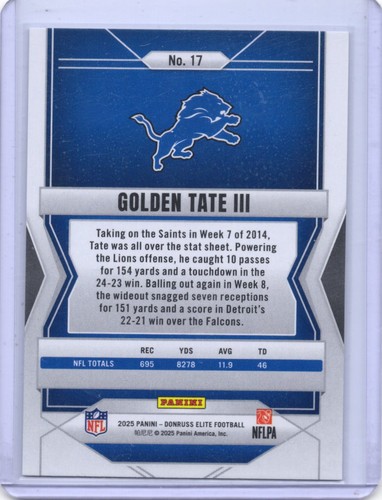 2025 Panini Donruss Elite - Golden Tate #17 Detroit Lions - Picture 2 of 2