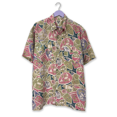 Vintage Hemd 100% Seide grün und rosa mit abstraktem geometrischem Muster - Größe L