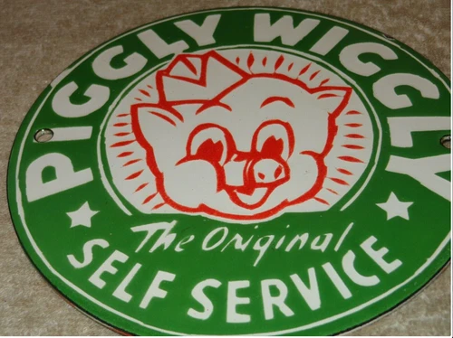 VINTAGE PIGGLY WIGGLY ORIGINAL SELF SERVICE GROCERY STORE 6 PORCELAIN METAL SIGN