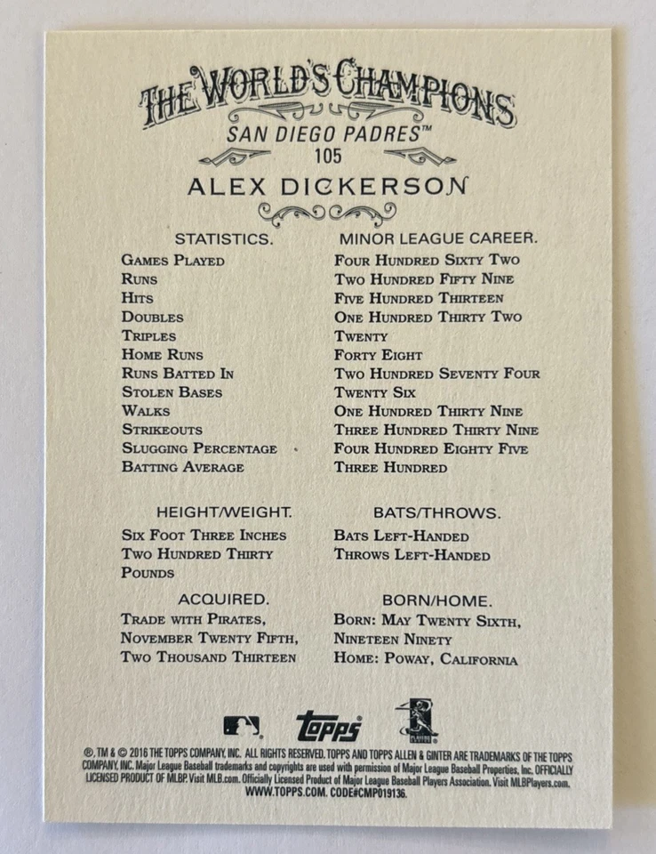 Signed 2016 Topps Allen and Ginter #105 Alex Dickerson RC San Diego Padres Auto - Image 2 of 2