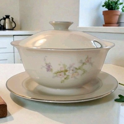 Vtg Carillon Overture Gravy Boat with Attached Plate & Lid 16oz Made In USA EC 