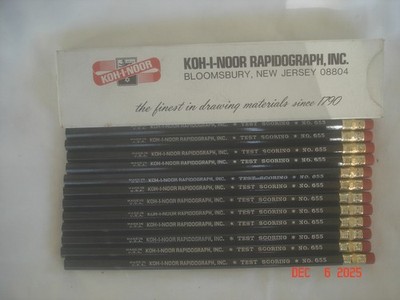 FULL BOX 12 Vtg.  KOH-I-NOOR RAPIDOGRAPH TEST SCORING PENCILS No. 655 MADE USA