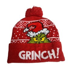 Dr Seuss The Grinch Christmas Beanie Youth Red Pom Pom Winter Hat Holiday Cozy