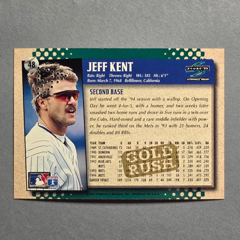 1995 Pinnacle Score #48 Jeff Kent - Raro redención fiebre del oro perforado Salón de la fama Mets Foto 2 de 3