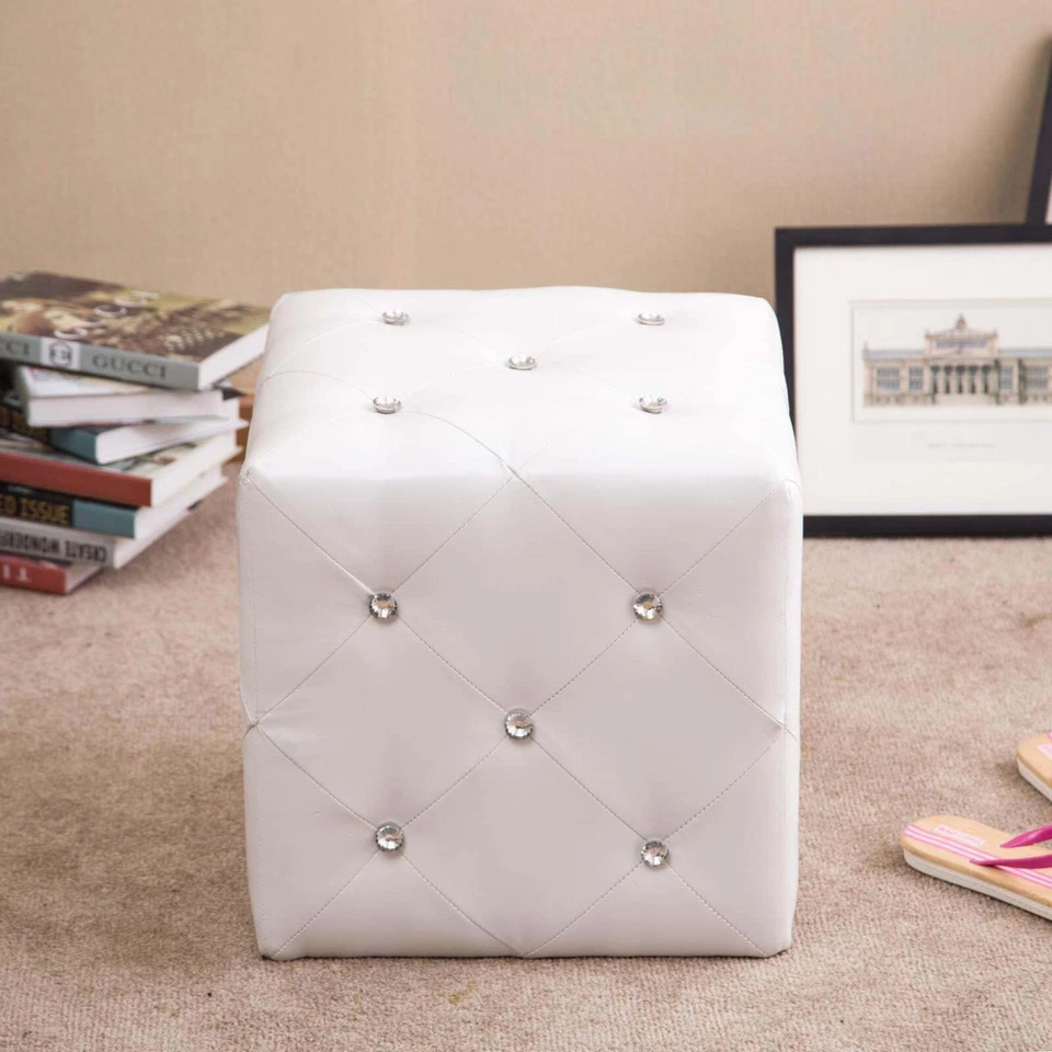 Ottoman Faux Leather Stool Pouf Footrest Tufted Square White Cubed Accents - Image 2 of 4