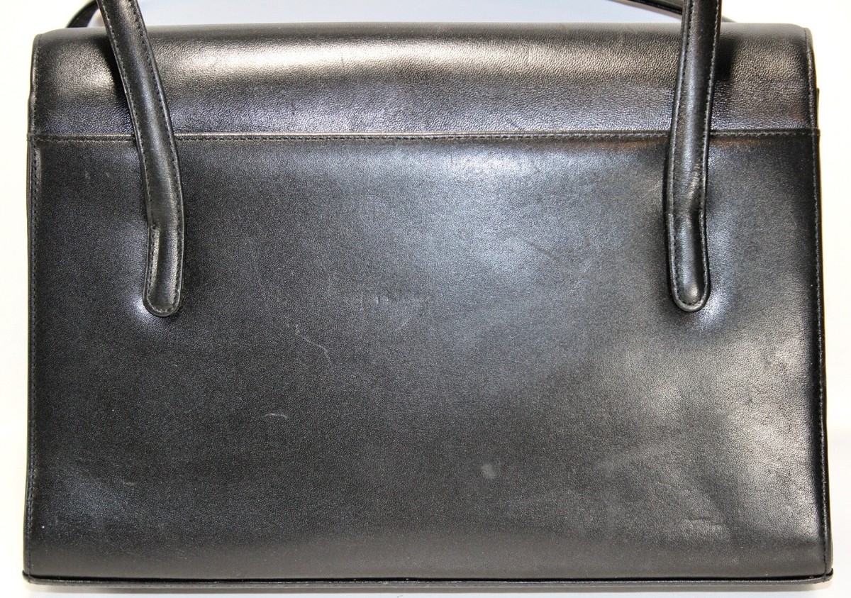 YUMI KATSURA Black Leather Hand Bag Box Bag Double Handle Flap