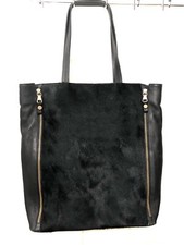 Massimo Dutti Tote Bag Xl Black Hair Calf Leather Two Strap Top Zip North South
