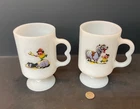 2 Vintage Norman Thelwell Pony & Rider Milk Glass B Handle Pedestal Mugs KNE