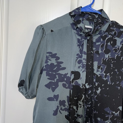 Jessica Simpson Hi-lo Dress Floral Gray Black Satin Lined 12 Tie Collar - Picture 2 of 17