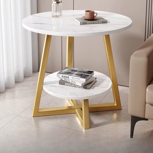 Round Side Table 2 Tier White Nightstand Coffee Sofa End Table Marble Design - Picture 5 of 12