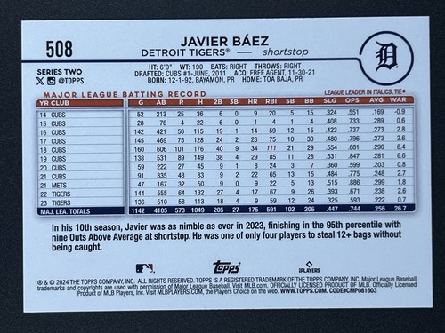 JAVIER BAEZ 2024 Topps Series 2 Summer Foil #508 Detroit Tigers - Picture 2 of 2