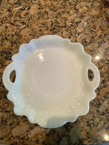 VTG Victorian Milk Glass Round Serving Platter Open Handled Embossed Floral Patt