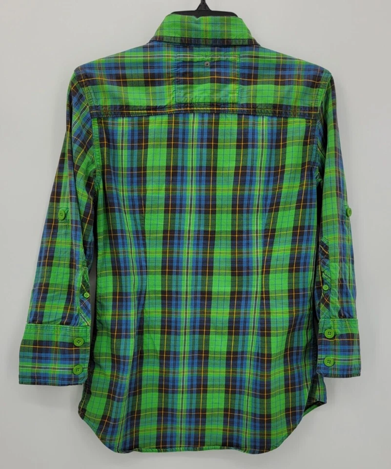 Superdry Top Mujer Mediano Verde Azul A Cuadros Manga Larga Con Botones Bolsillos Y2K Foto 2 de 4