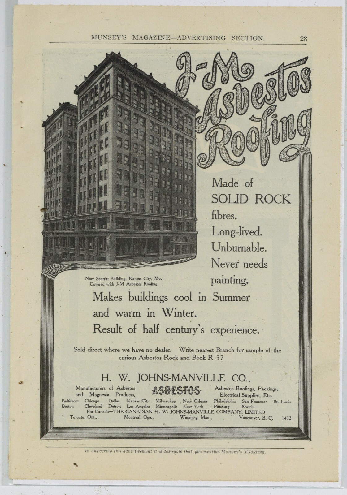 1911 H.W. Johns Manville Ad Scarritt Building, Kansas City, Missouri
