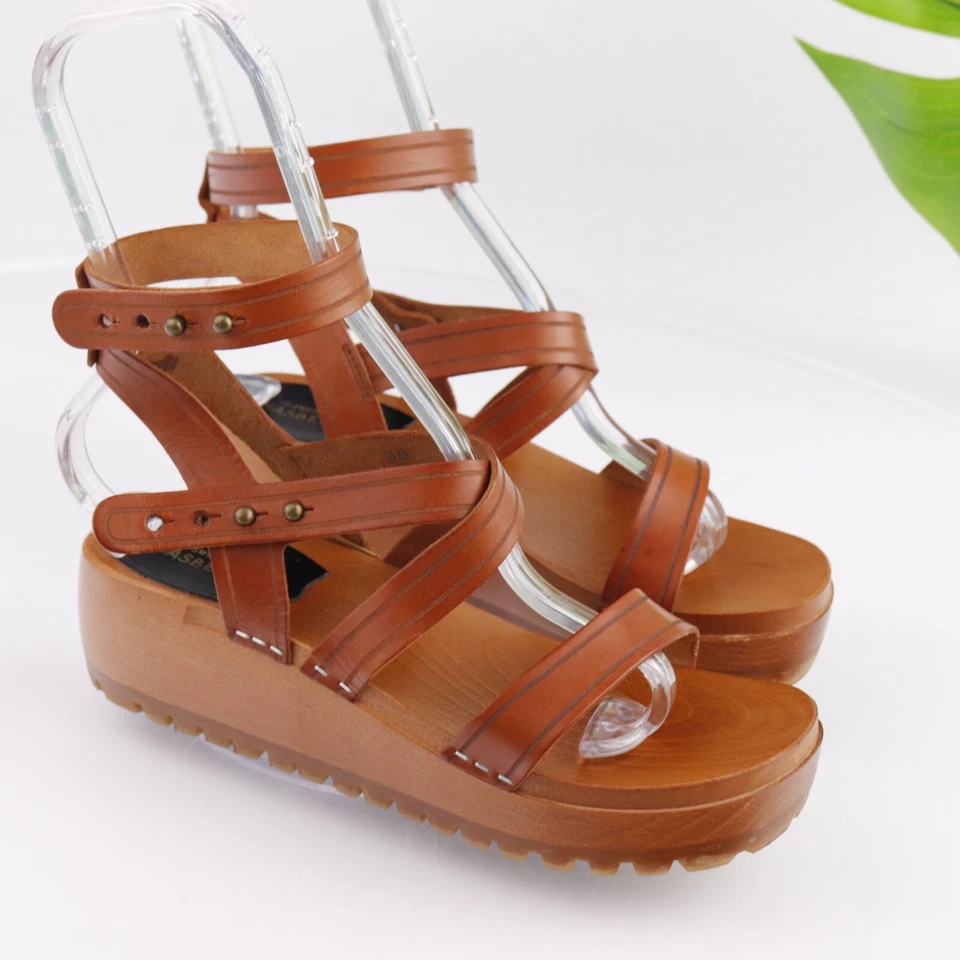 Sandalia sueca Hasbeens Jess para mujer talla 38 8 cuero marrón con tiras cuña de madera Foto 2 de 4