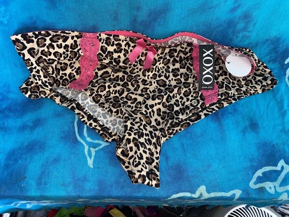 NUEVO CON ETIQUETAS XOXO Pantalones Cortos Sexy Descarados Estampado Leopardo Encaje Negro y Rosa Transparente 1X Foto 4 de 4