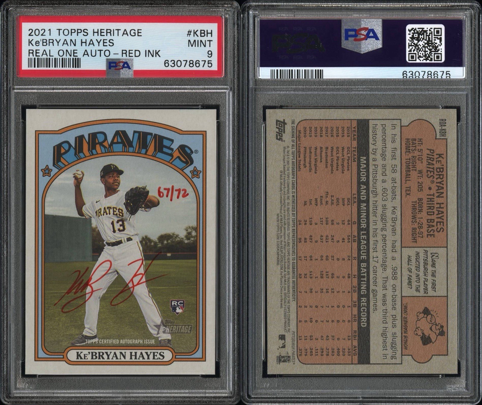 KE'BRYAN HAYES 2021 Topps Heritage RED INK Rookie Auto /72 PSA 9 Pirates Reds RC view 3