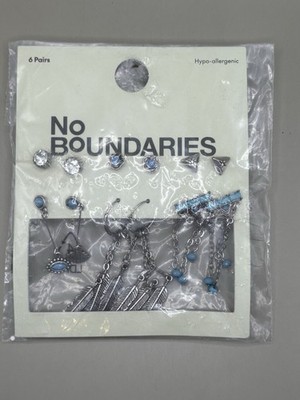 No Boundaries 6-Pair Earring Set  Silver Tone with Blue Accents (New in Package)