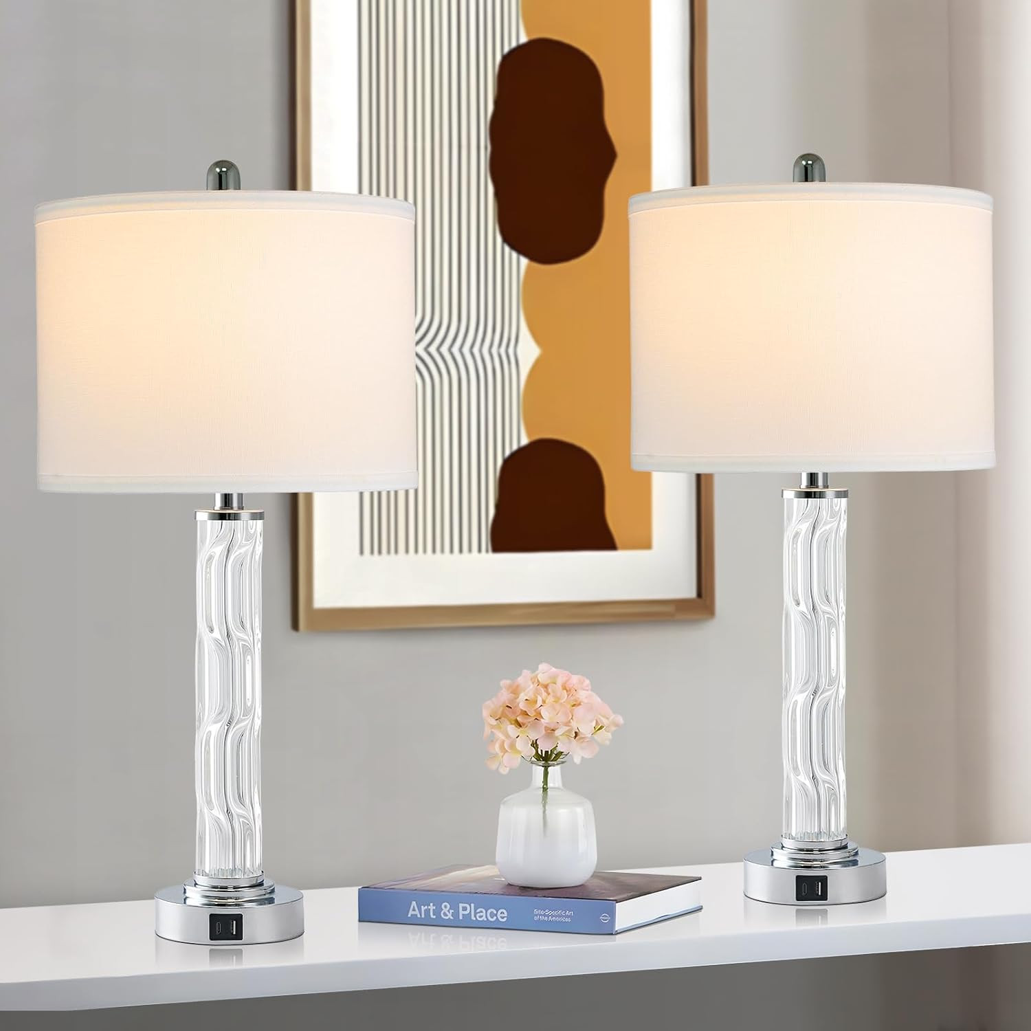 AKASUKI 26 Inch Glass Table Lamps Set of 2, 3-Way Dimmable Touch White