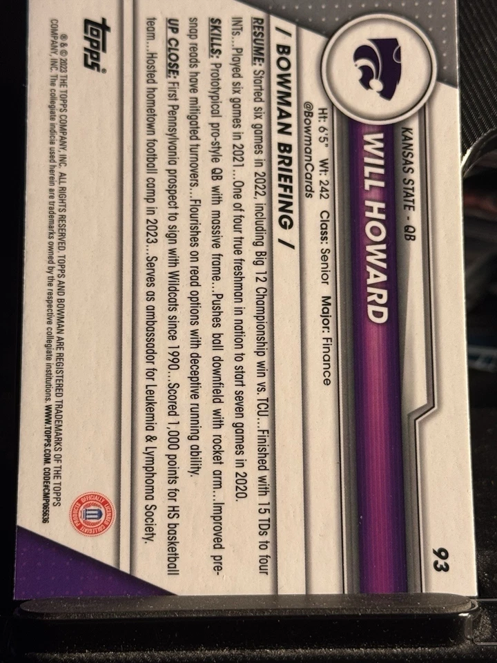2023 Bowman Chrome University #93 Will Howard Kansas State Wildcats - Image 2 of 2