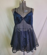 Vintage 90s Y2K Babydoll Lingerie Set Volup 1X XL Black Blue Glitter Mesh Sheer