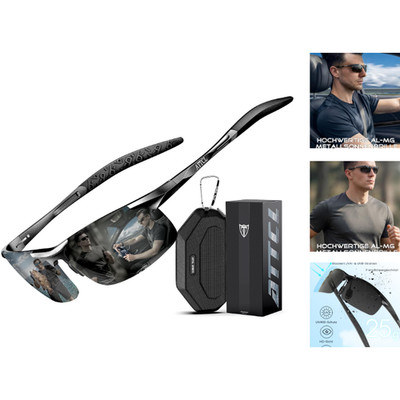 Sonnenbrille Herren Polarisiert UV400 Schwarz-Grau 14x6,4x4 cm Sportbrille ATTCL