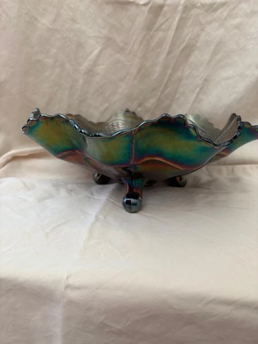 Carnival Glass Bowl (footed) - Blue/Purple w/ Leafy Vines