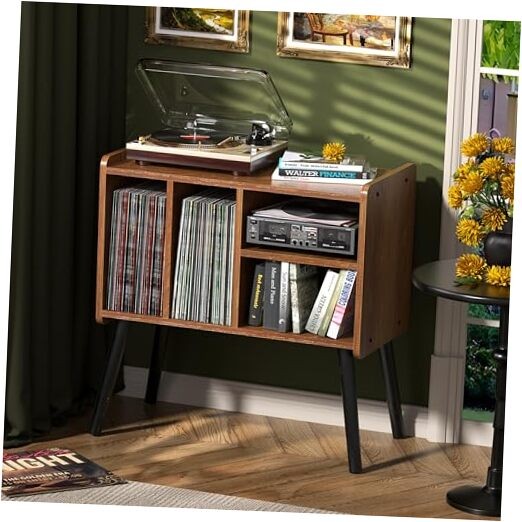 Mid-century oak record player stand with vinyl storage-image