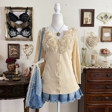 y2k dainty coquette twee 4/3 length sleeve cardigan w rosettes