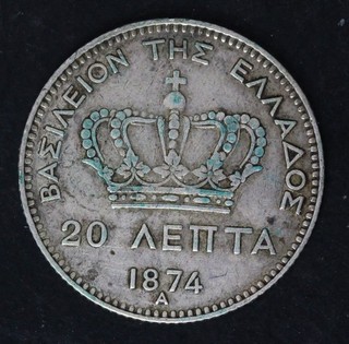 GREECE 20 Lepta 1874 A Silver George I. VF 4433