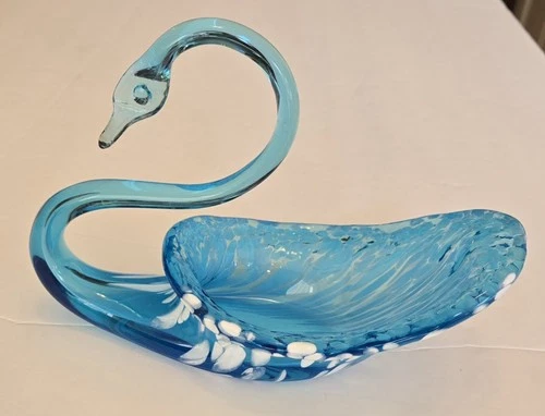 Vintage Hand Blown Swirl Glass Swan Bowl Cobalt Blue White Murano Style