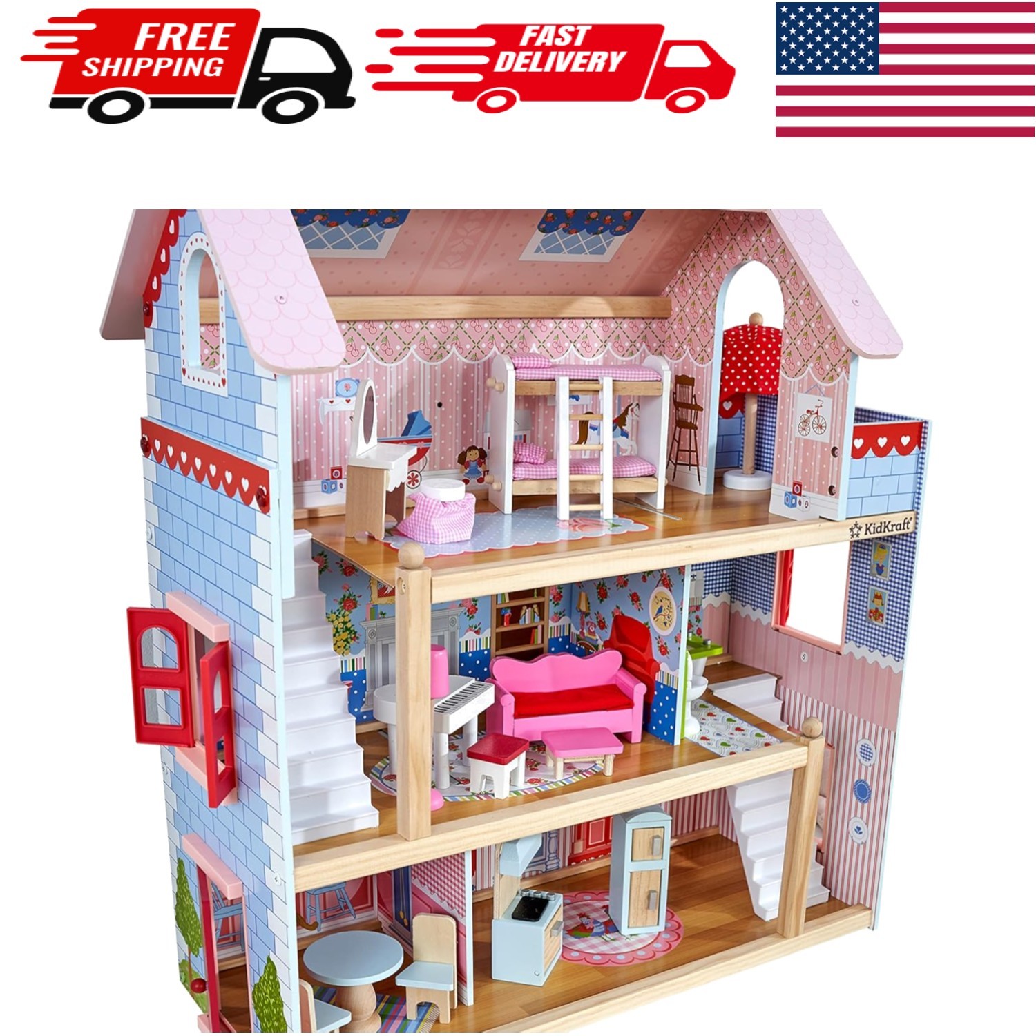 Chelsea Doll Cottage Wooden Dollhouse with 16 Accessories - 