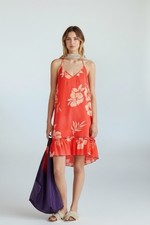 United Colors of Benetton Hibiscus Floral Beach Dress Orange Red V-Neck NWT