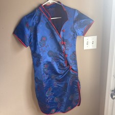 Chinese Blue Silk Dress Girls small CHEONGSAM Dragon Blossom Plum