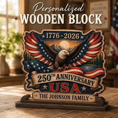Personalized Patriotic Wooden Block, 1776 2026 America 250 Shelf Decor, USA 250