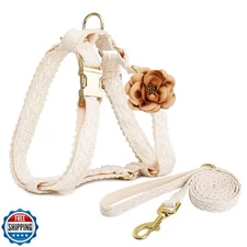 Puppy Harness and Leash Set Adjustable Cotton Handmade Embroidered No Pull Do