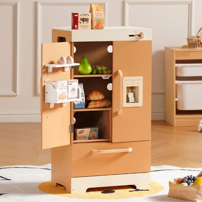 ROBUD Wooden Caramel Refrigerator Pretend Play Kitchen Set Playset Toddler Gift
