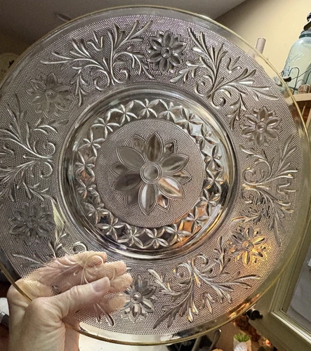 Vintage Anchor Hocking 12" Sandwich Pattern Clear Glass Plate with Gold Rim. MCM