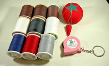 Vintage Assorted Thread 9 Spools w/ Pin Cushi...