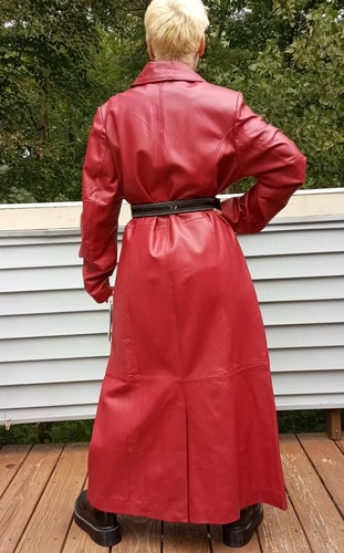 NWT VTG Gorgeous Leather Coat Long Red Timeless Classy-Spy Style size Large-Tall - Picture 3 of 10