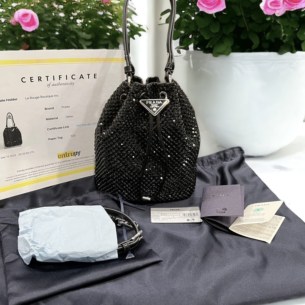 PRADA(プラダ)正規品/関税送料込み Logo Mini Bucket Bag Prada Satin Mini Bucket Bag W/Crystals NWOB W/Certificate of