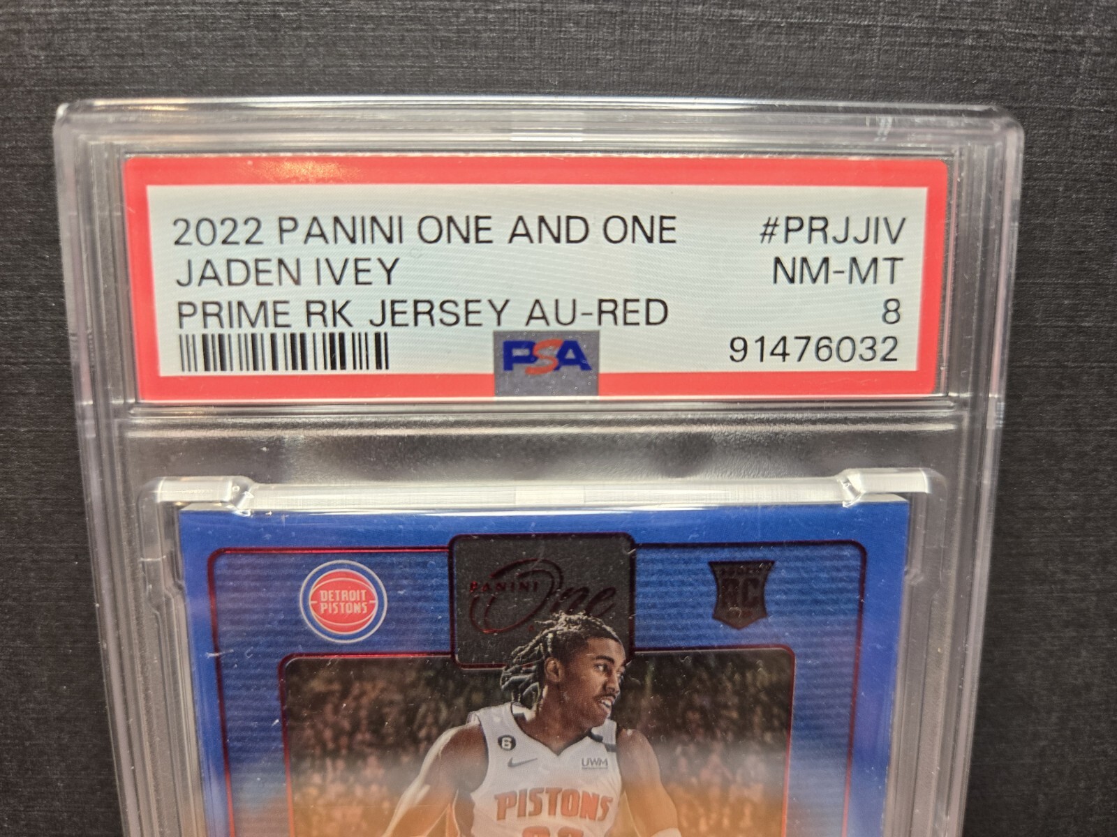 2022-23 Panini One & One Jaden Ivey Rookie Patch Auto Red RPA /99 Prime RC PSA 8 view 2