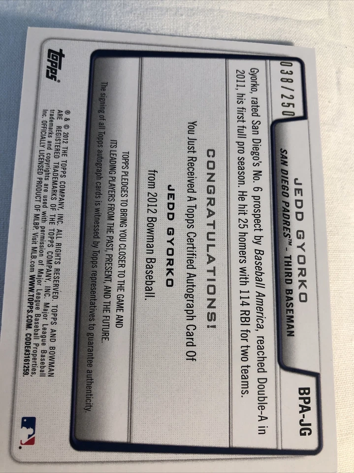 Jess Gyarko 2012 Bowman Orange AUTO #BPA-JG San Diego Padres #/250 - Image 2 of 3