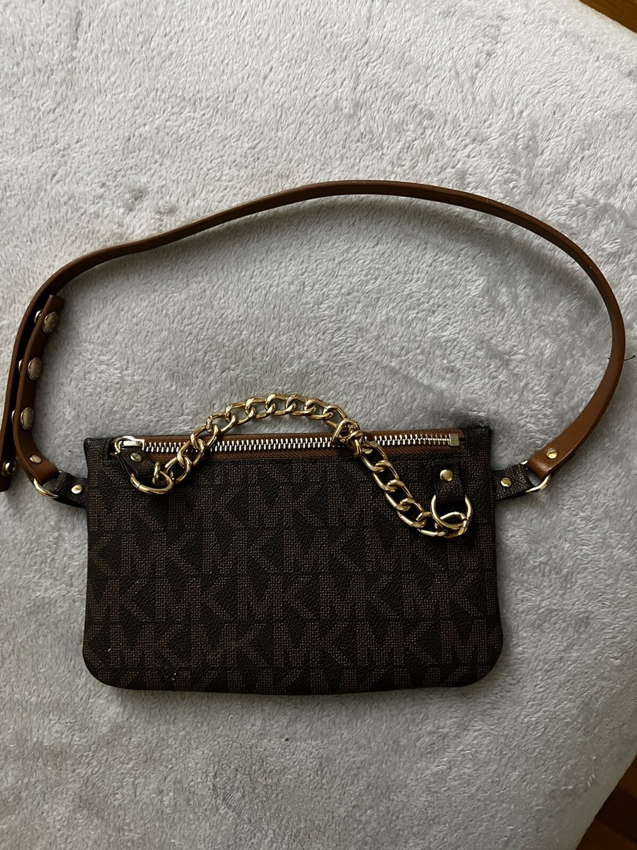 Michael Kors Signature Logo Pull Chain Belt Bag Chocolate Fanny Pouch  W/Strap