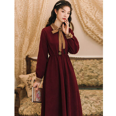 ebay womens winter dresses Women Warm Midi Dress French Retro Tunic Elegant Pleated Lapel Button cat_denim_dresses the winter dress has Wood:Rustic QSWO cute long sleeve club