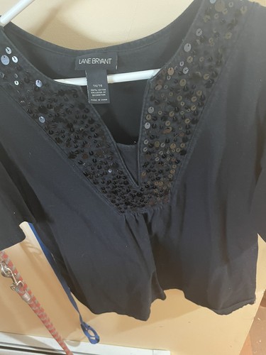Lane Bryant Top Damen Plus 14/16 Pailletten Rundhals Kurzarm schwarz RefJC#51 - Bild 3 von 5