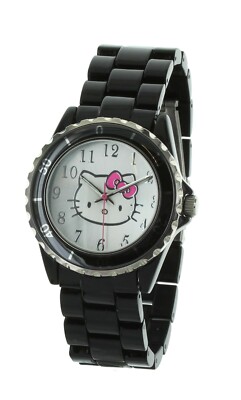 Montre Hello Kitty Analogique Pour Femme - Cadran Argenté, Bracelet En Cuir Noir - Neuf Sans Étiquette